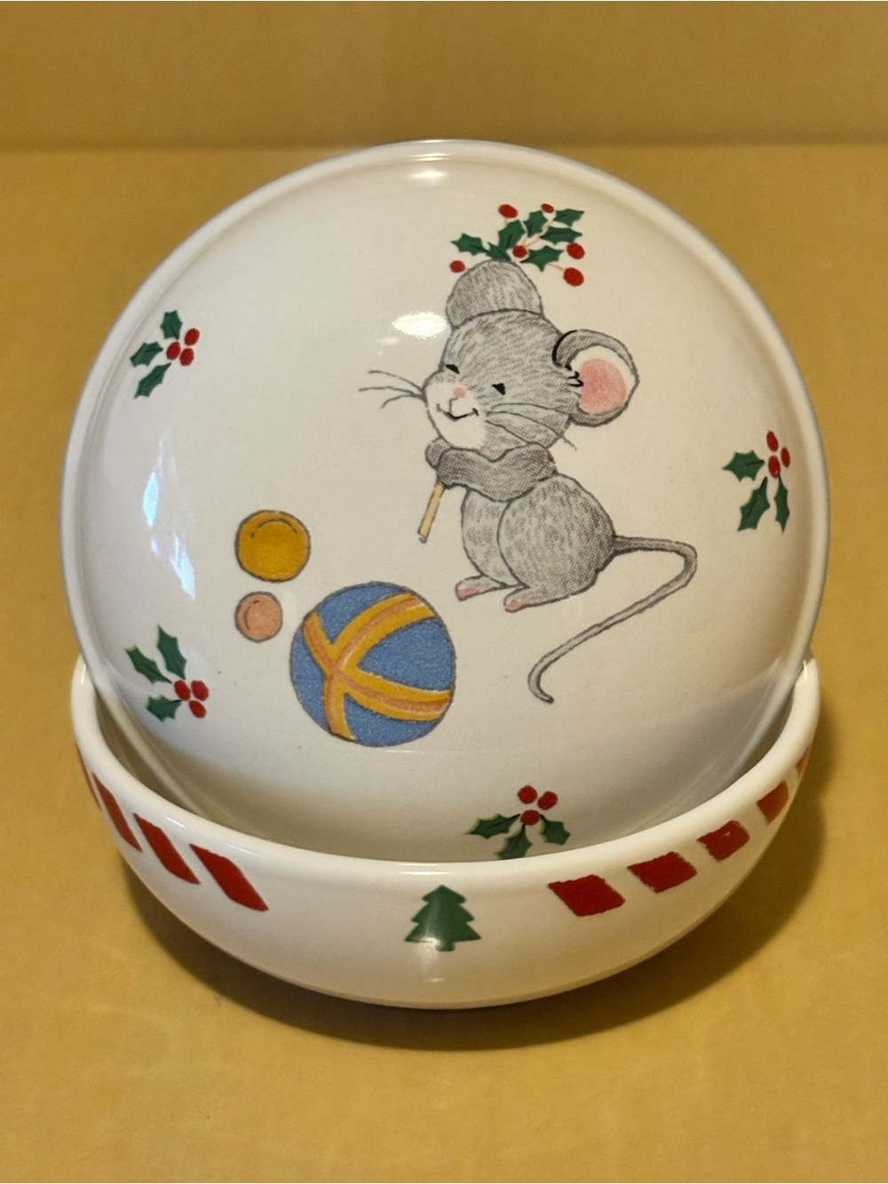 Vintage Christmas Mouse with a Blue Ball Porcelain Trinket Box